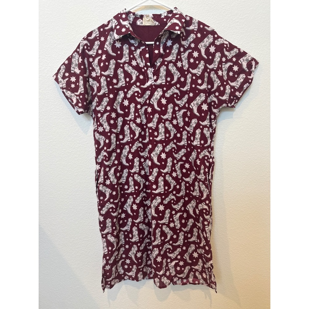 Tailgate Dress Western Cowboy Boots Maroon Burgundy Shirt Dress Size M